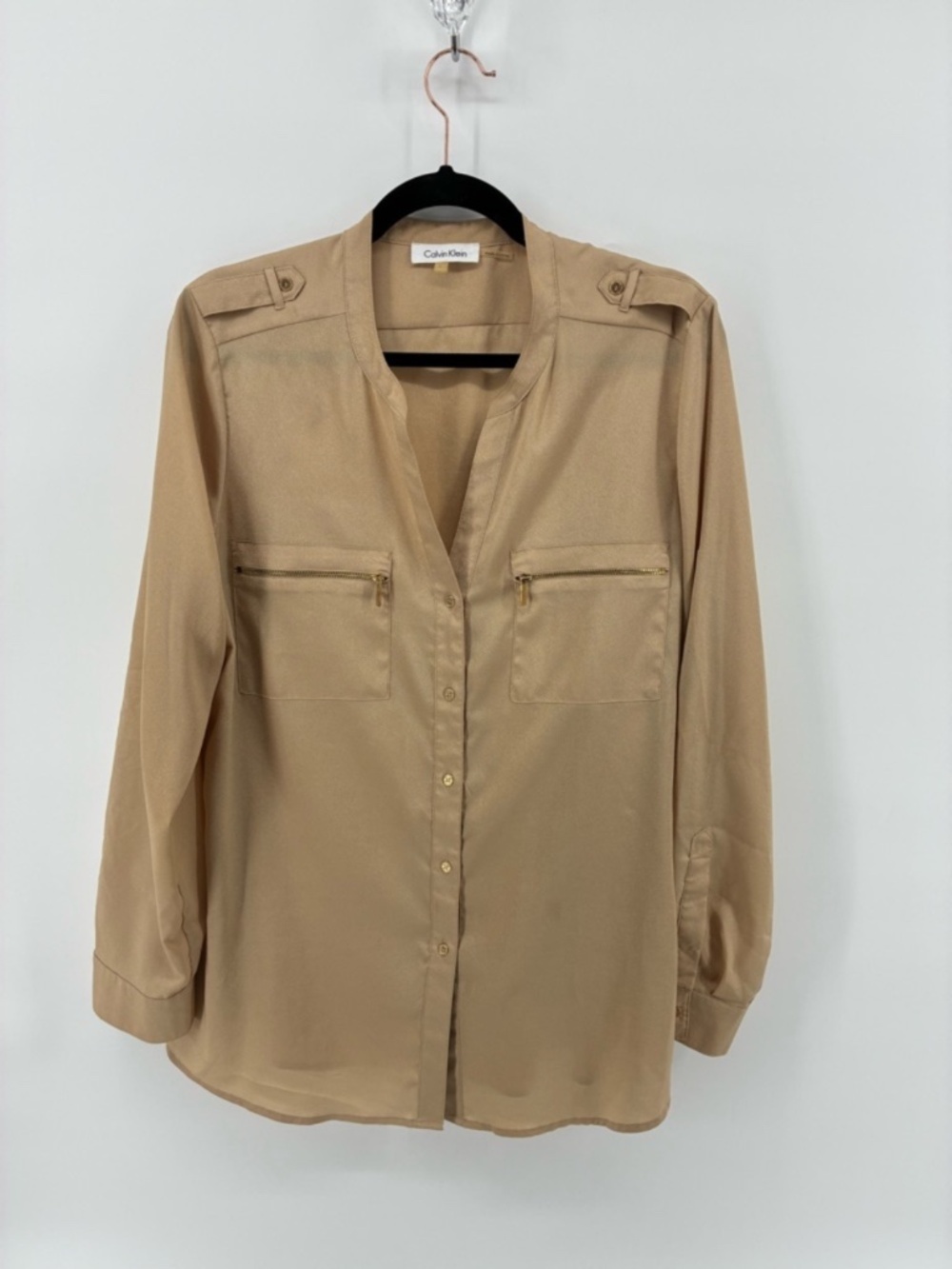 Calvin Klein Gold Champagne Long Sleeve Blouse with Mandarin Collar